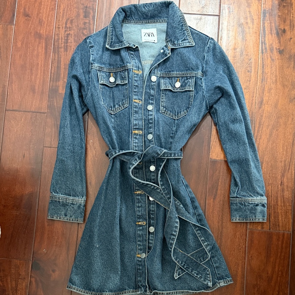 Zara Dark Blue Denim Belted Shirt Jacket